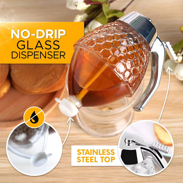 Honey Dispenser - Glass Honey Pot with No Drip Stand and Stainless Steel Top - Beautiful Syrup Dispenser Jar with Stand